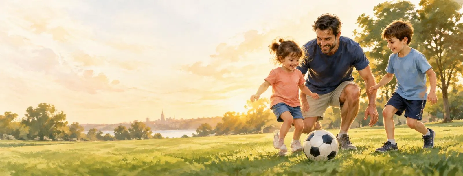 Original fictional family playing on a sunny field