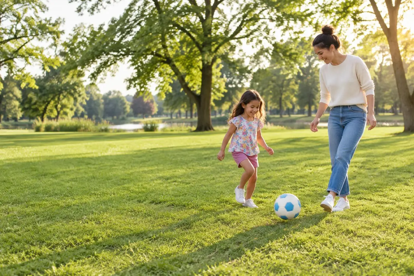 Original fictional caregiver and child practicing together