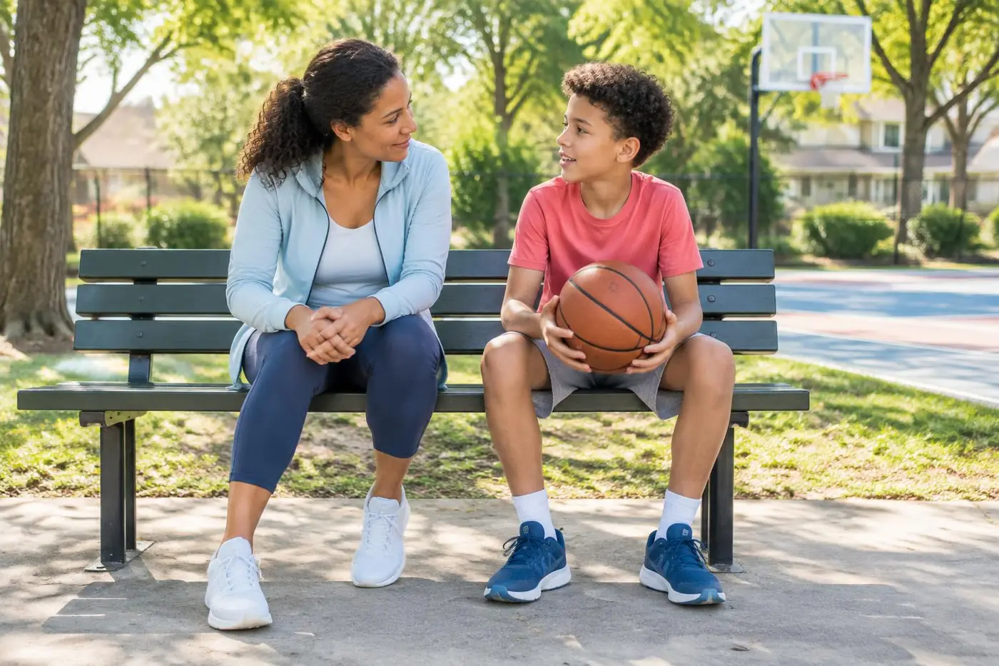 Original fictional parent and child talking at the edge of a field